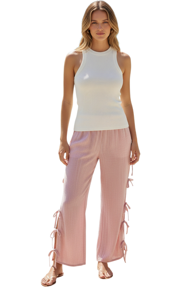 Cotton Lurex Stripe Gauze Drawstring Side Tie Beachside Pant