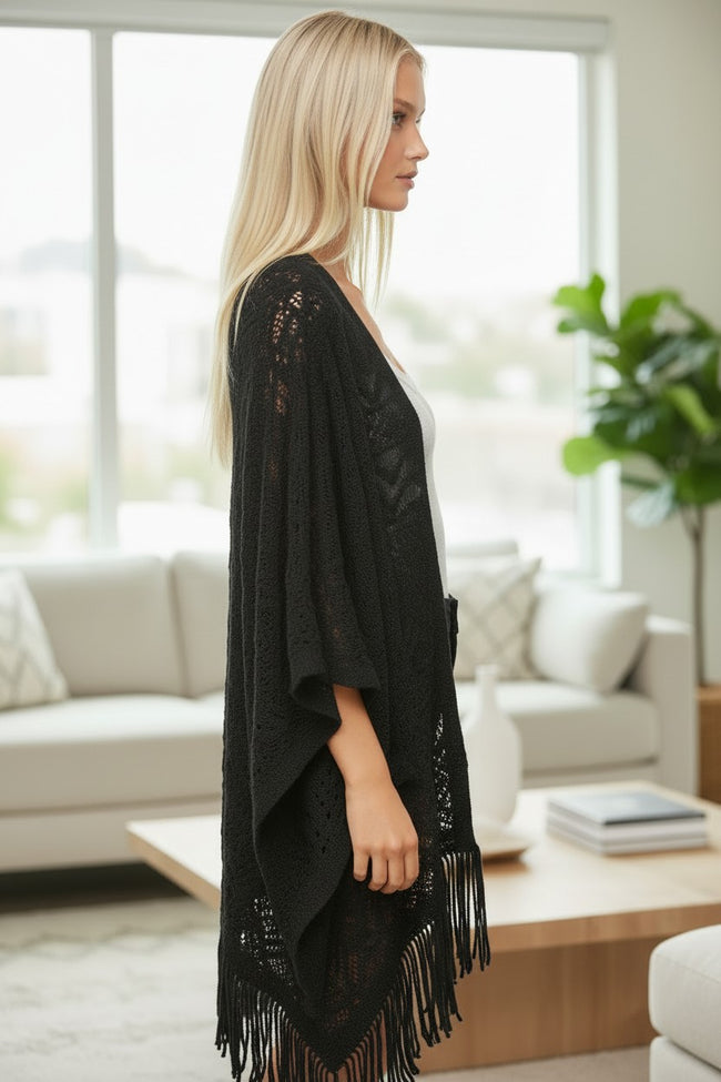 Joplin Boho Novelty Knit Long Fringe Poncho 2 black