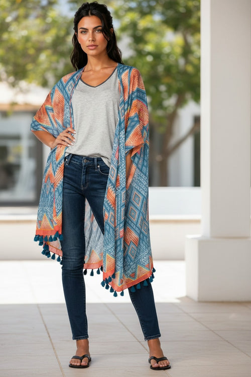 Water & Fire Cotton Print Tassel Woven Fabric Kimono Coverup