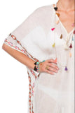 KMBTW11_White Aztec Embroidery Hand Loomed Novelty Maxi Kaftan Coverup
