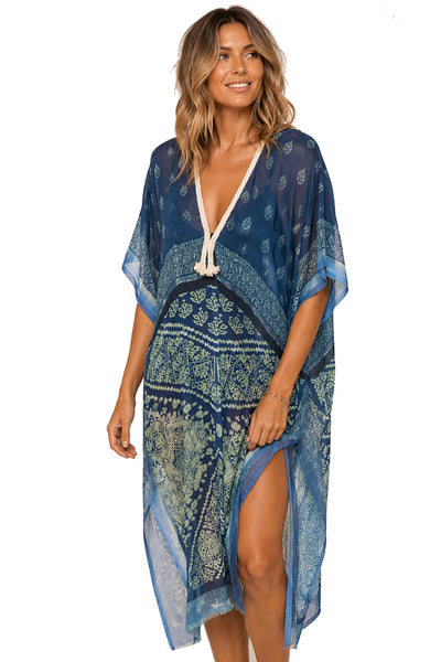 Kaftan Maxi Coverup Sundress in Denim Patches Print with Braided Trim