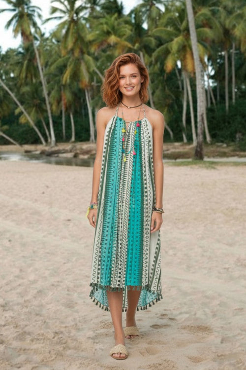 Keyhole Coverup Tassel Sundress in Doodle Dot Print 3 green