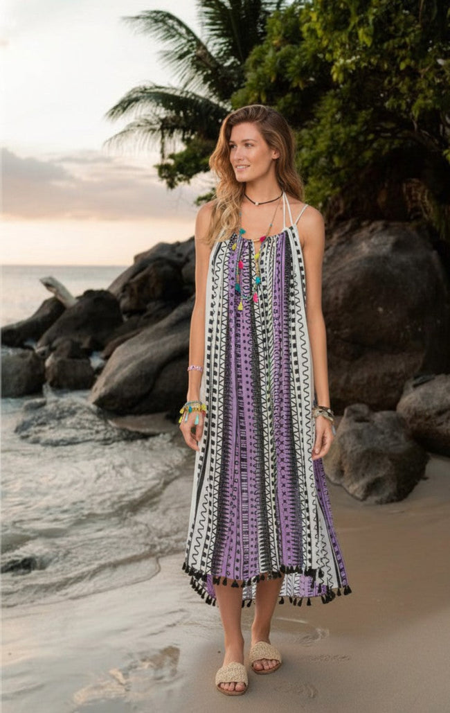 Keyhole Coverup Tassel Sundress in Doodle Dot Print Purple