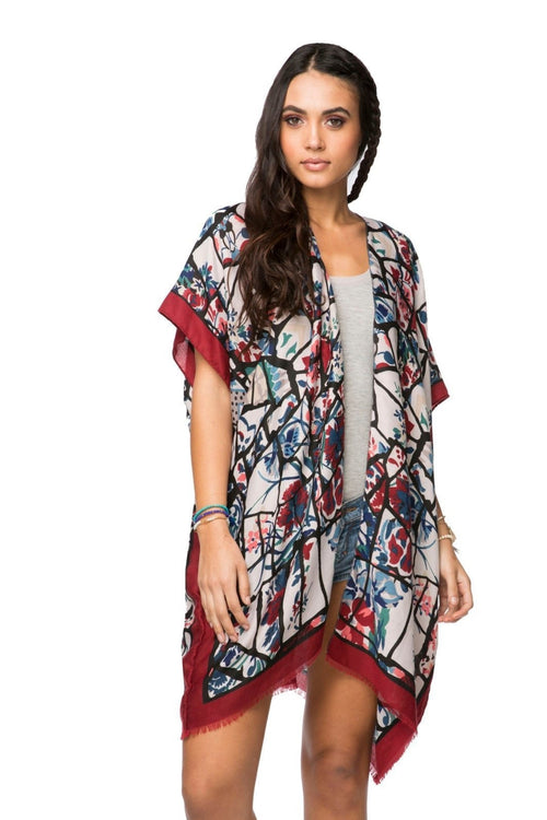 Kimono Coverup Print Glass Flowers Red Blue Pool to Party