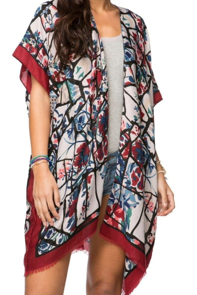 Kimono Coverup Print Glass Flowers Red Blue Pool to Party