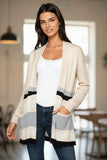 Kylie Sweater Knit Open Cardigan in Oats Black Grey Stripe Pattern 2