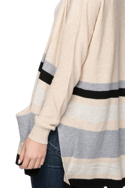 Subtle Luxury CardiganKylie Sweater Knit Open Cardigan in Oats Black Grey Stripe Pattern close up