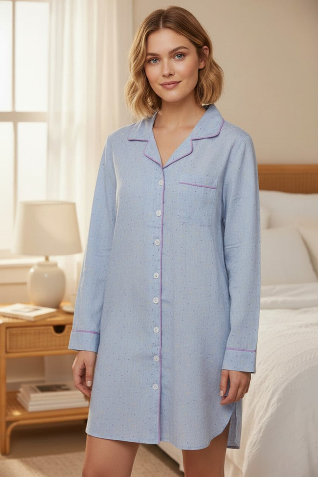 LOUNGERIE BY SUBTLE LUXURY Cotton Chambray Sleep Shirt Pajama in Multi Dots Print LOUNGE NIGHT GOWN COTTON 2