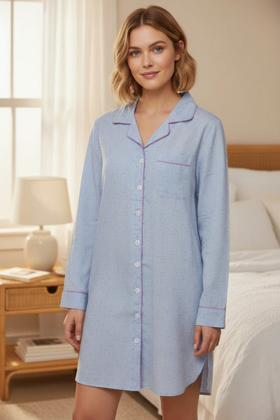 LOUNGERIE BY SUBTLE LUXURY Cotton Chambray Sleep Shirt Pajama in Multi Dots Print LOUNGE NIGHT GOWN COTTON 2
