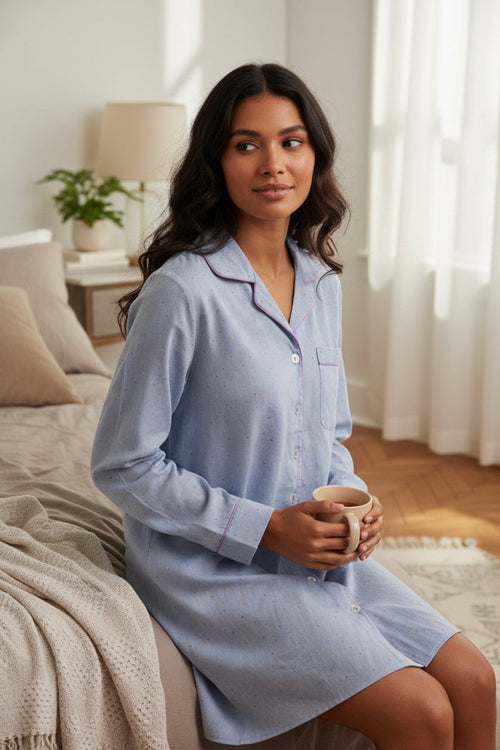 LOUNGERIE BY SUBTLE LUXURY Cotton Chambray Sleep Shirt Pajama in Multi Dots Print LOUNGE NIGHT GOWN COTTON