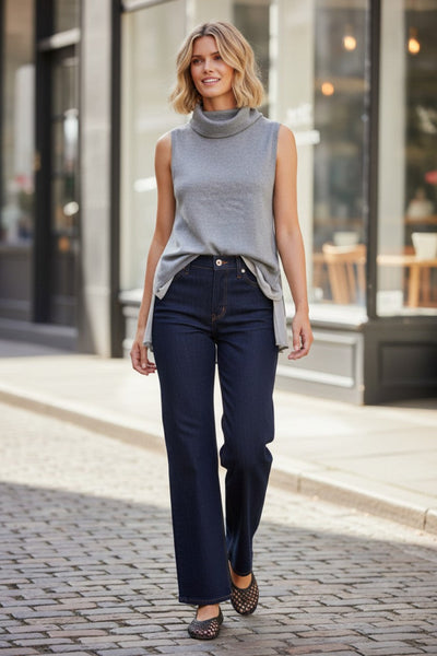 Layered Sleeveless Mock-Neck Sweater with Silk Woven Shirttail fog grey