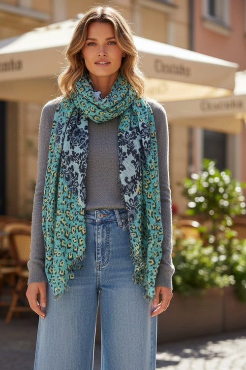 Leopard Damask Print Extra-Fine Wool Scarf Wrap sky blue, navy, mint yellow leopard pritn mixed print