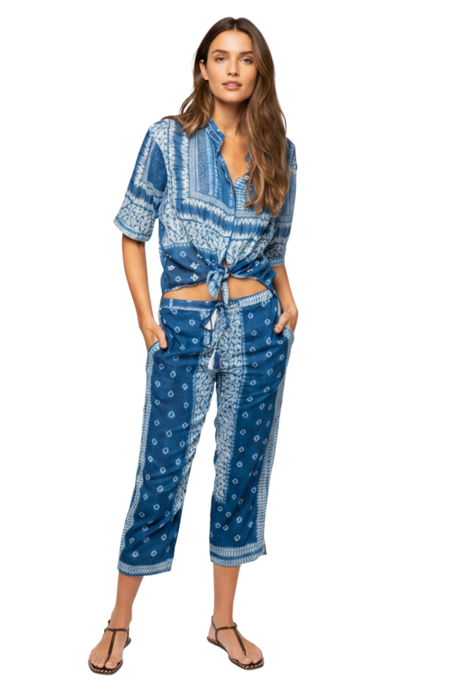 Lira Shibor Cotton Blue Pigment Dye Crop Beach Pant