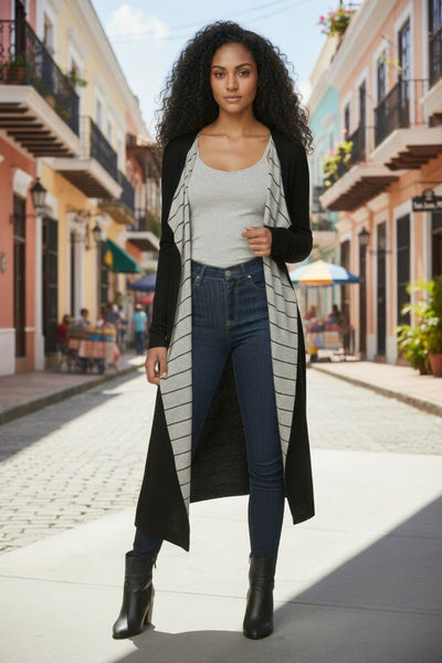 London Reversible Striped to Solid Knit Long Sweater Cardigan black surf grey