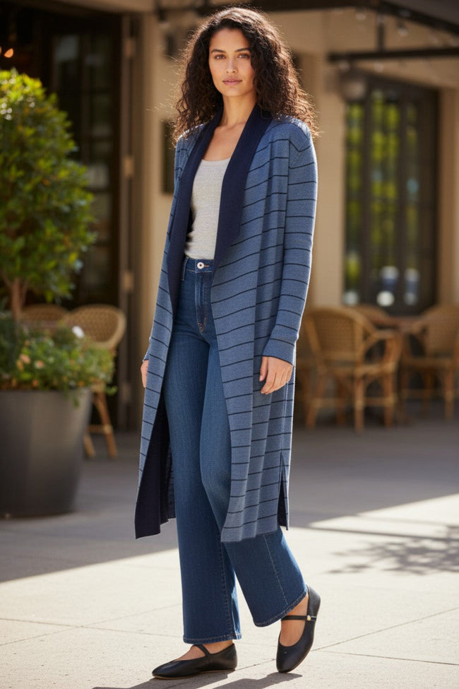 London Reversible Striped to Solid Knit Long Sweater Cardigan tide cosmic blue