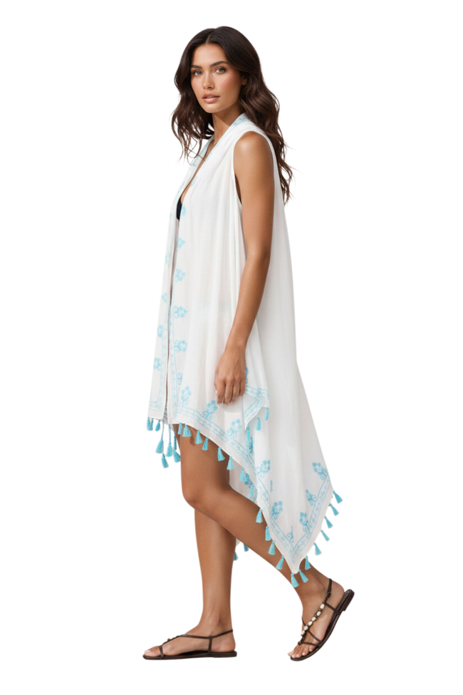 Long Draped Cotton Coverup Vest in Floral Loops Embroidery 2