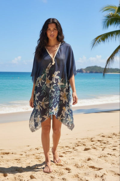 Lovely Lily Blue and White Print Braided Kaftan Sundress Cover-Up