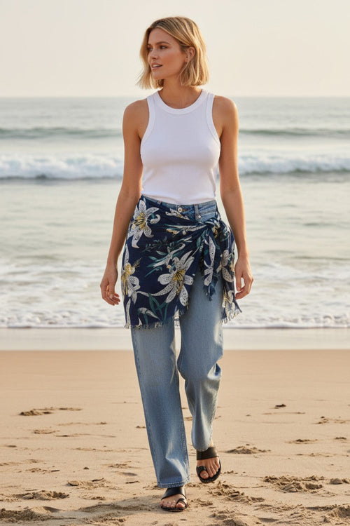 Lovely Lily Navy Blue with White Print Coverup Wrap Sarong 2