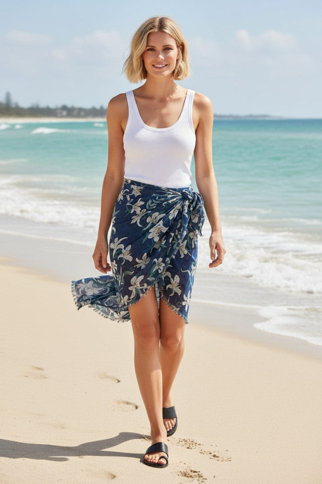 Lovely Lily Navy Blue with White Print Coverup Wrap Sarong