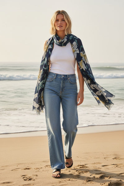 Lovely Lily Navy Blue with White Print Coverup Wrap scarf