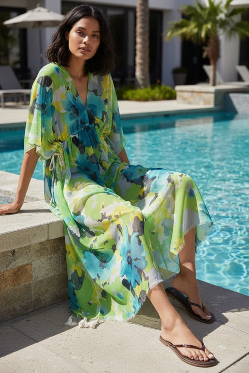 Luminous Blooms Lime Green Large Flower Poolside Maxi Dress