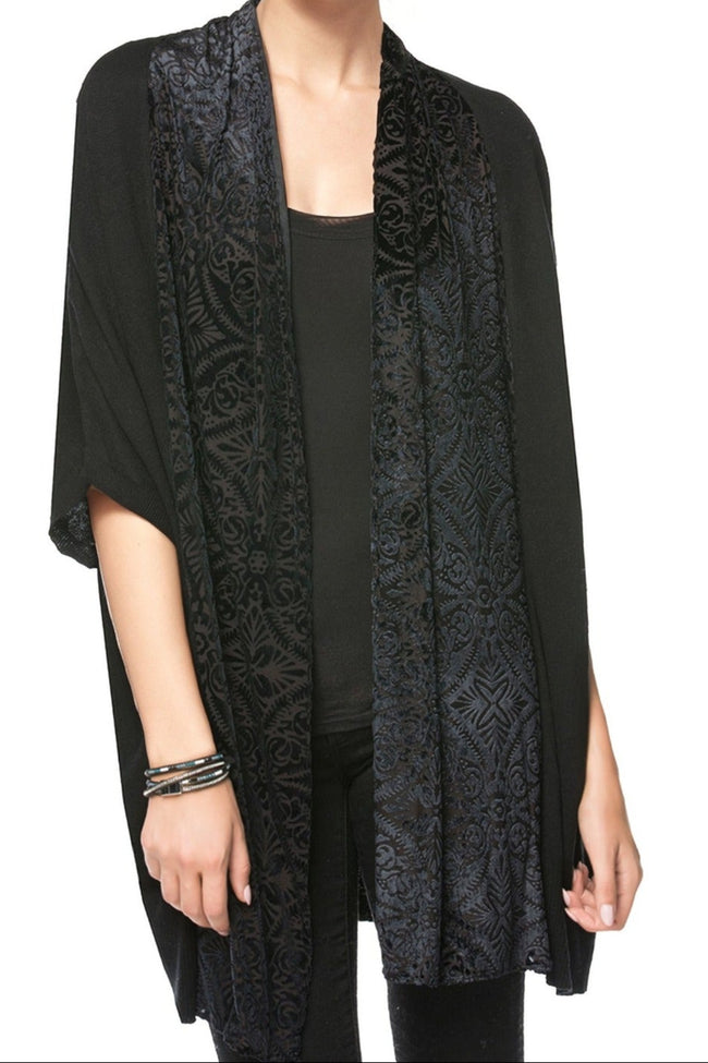 MS Medallion Slate Black - subtle-luxury-kimono-o-s-ms-medallion-slate-black-stretch-velvet-black-magic-knit-shrug-with-stretch-cut-out-velvet-panel