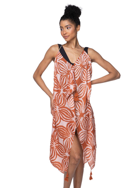 MTD-S261-Samoa-Island-Maxi Halter Sundress Coverup in Samoa Island Terracotta Color Print