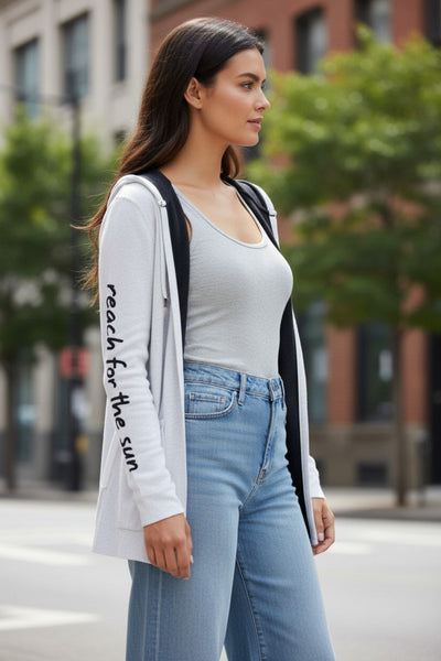 Maddie Reversible Zen Blend Hoodie with Embroidery on Sleeves reach for the stars surf and navy