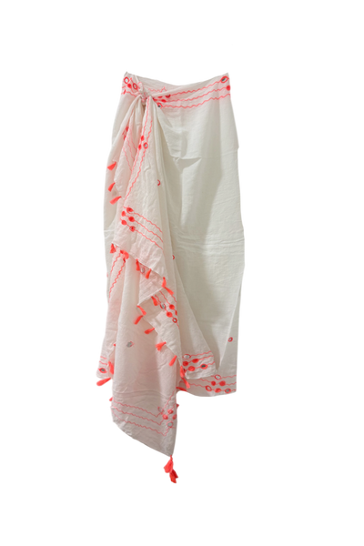 Magic Mirror Cotton Beach Sarong & Scarf – White with Neon Orange Embroider