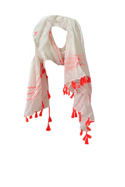 Magic Mirror Cotton Beach Sarong & Scarf – White with Neon Orange Embroider