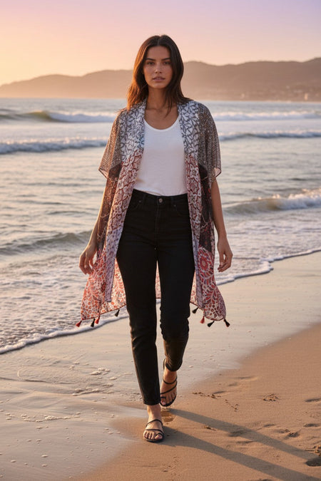 Leaves on the Wind Pastel Luxury Modal Print Made into a Kimono Coverup
