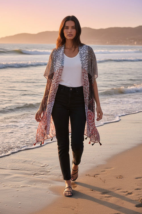 Marisa Patches Black, Red, White Print in Kimono Coverup