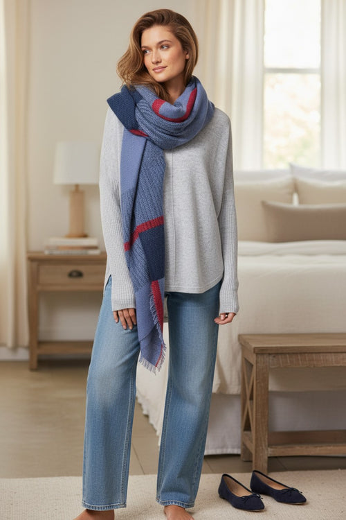 Marled Stripe Blanket Wrap in Navy with Red 2