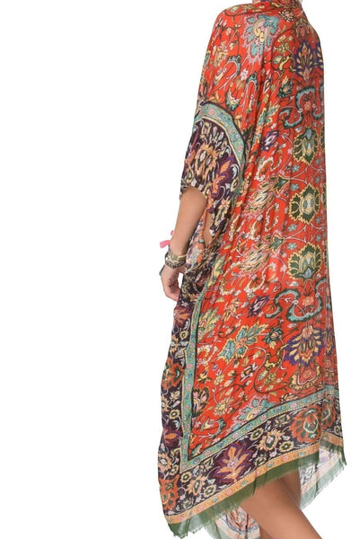 Masala Bold Boho Red Print Kimono Coverup in Luxury fabric