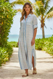 Maxi Boyfriend Button Front Shirtdress in Cotton Hand Loomed Ikat Fabrics turq blue  on white