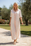 Maxi Boyfriend Button Front Shirtdress in Cotton Hand Loomed Ikat Fabrics white with sedona 