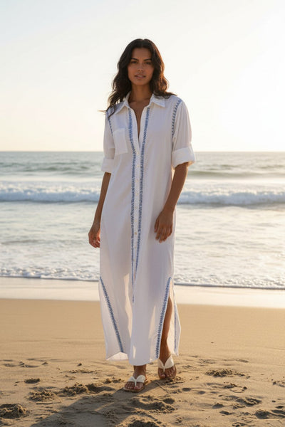 Maxi Boyfriend Cotton Shirt Dress with Contrast Hand Stitched Embroideries blue lotus