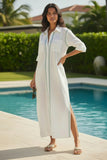 Maxi Boyfriend Cotton Shirt Dress with Contrast Hand Stitched Embroideries kiwi green