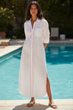 Maxi Boyfriend Cotton Shirt Dress with Contrast Hand Stitched Embroideries pink salt