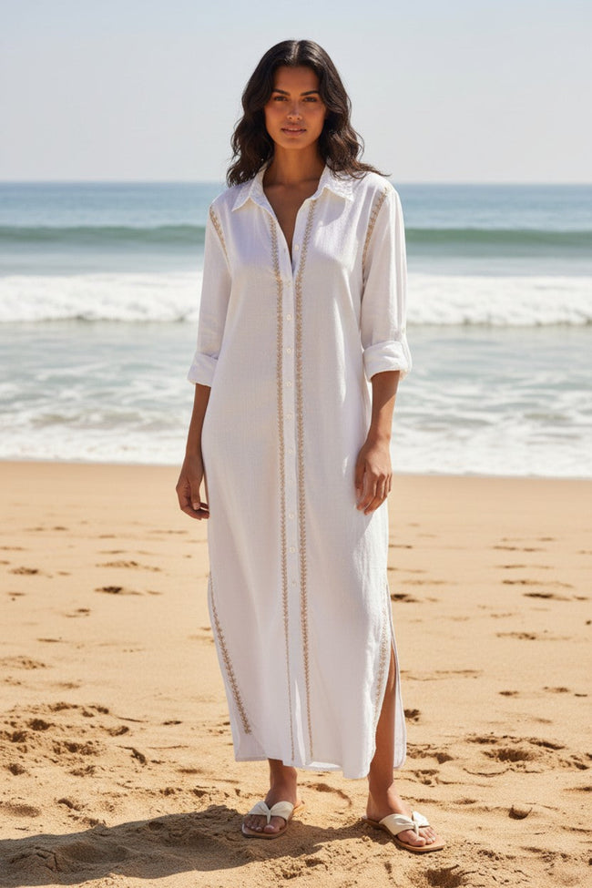 Maxi Boyfriend Cotton Shirt Dress with Contrast Hand Stitched Embroideries tan