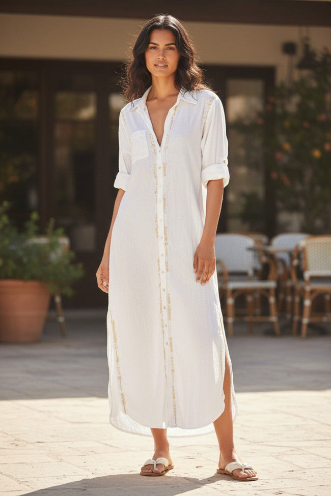 Maxi Boyfriend Cotton Shirt Dress with Hand Stitch Gold Lurex Ombre Embroidery