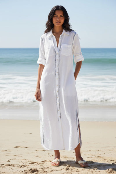 Maxi Boyfriend Cotton Shirt Dress with Hand Stitch Lurex Ombre Embroidery Silver Ombre