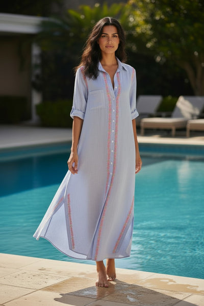 Maxi Boyfriend Denim Chambray Shirt Dress with Two Color Hand Stitch Embroidery chambray bue with pink and coral