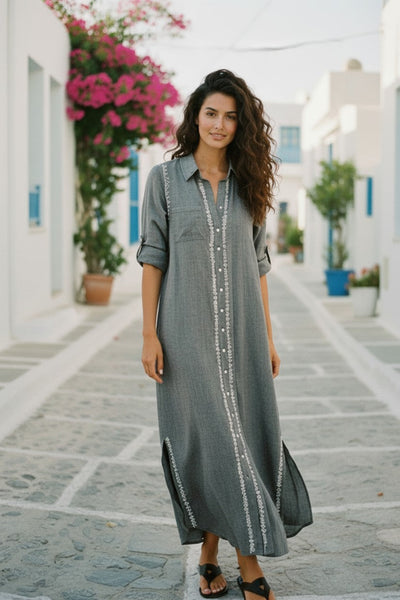 Maxi Boyfriend Shirt Dress in Cotton Chambray in Charcoal Grey resort-wear vacation subtle luxury