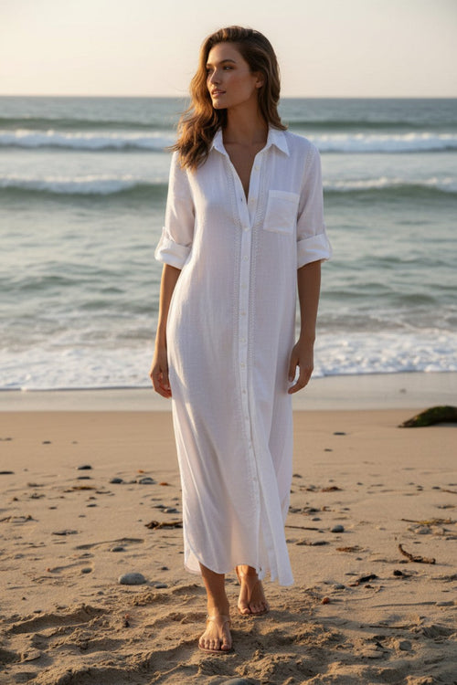 Maxi Boyfriend Shirt Dress in Cotton Chambray in White