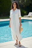 Maxi Boyfriend White Chambray Shirt Dress with Two Color Hand Stitch Embroidery Blue-Green 2