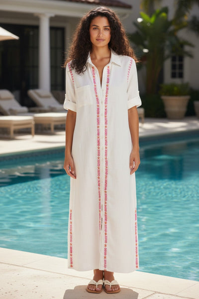 Maxi Boyfriend White Chambray Shirt Dress with Two Color Hand Stitch Embroidery coral pink  2