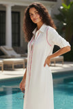 Maxi Boyfriend White Chambray Shirt Dress with Two Color Hand Stitch Embroidery coral pink 