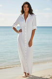 Maxi Boyfriend White Cotton Long Shirt Dress in White Embroidery white