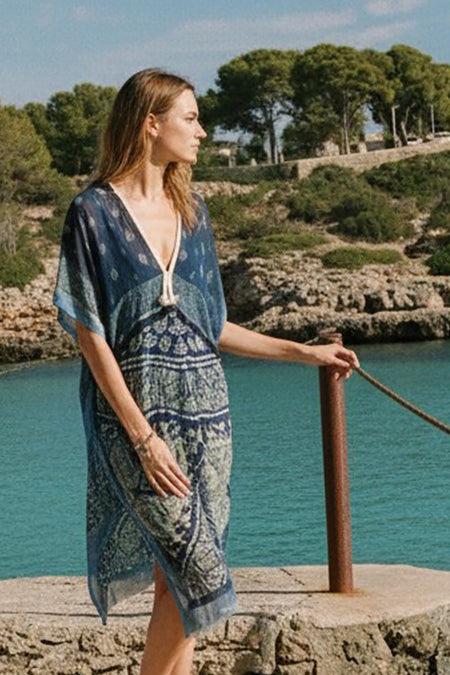 Open Shoulder Sundress Coverup in Tie Dye Black Mirror Fabric